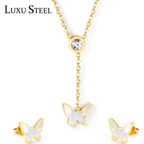 LUXUSTEEL Butterfly Earrings Girl Accessories Stainless Steel Gold Silver Color Round CZ Pendand Necklace Sets Wedding Jewelry