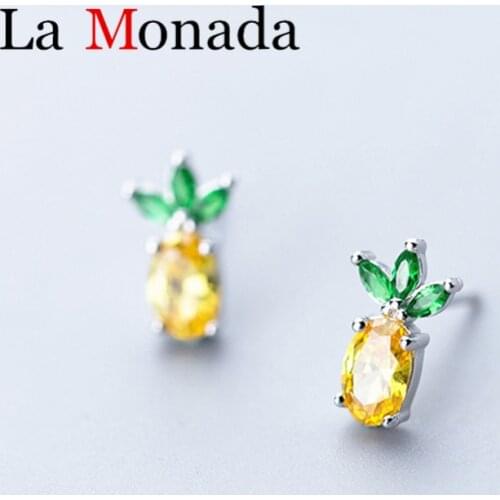 Adorable Girls Fruit Jewelry Real 925 Silver Yellow Pineapple Earrings Studs With CZ Zircon Gift Party Beach