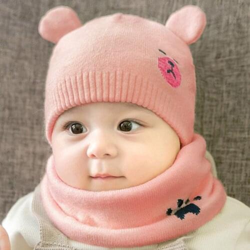 2pcs Kids Hat Scarf Set Cute Bear Kids Knitted Hat For Winter Autumn Cap Bonnet Warm Baby Boys Girls Beanies Baby Stuff