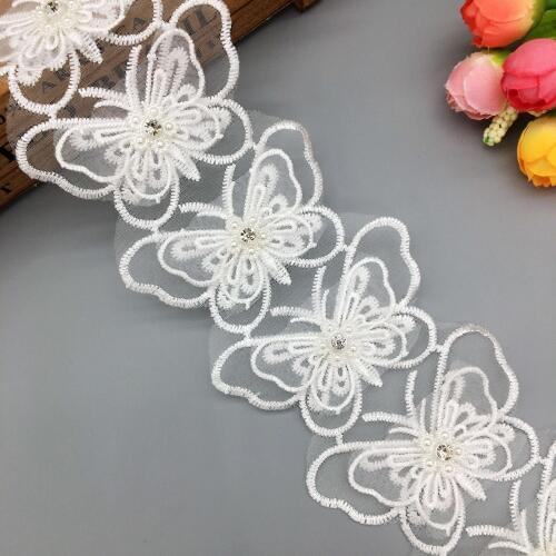 1 Yard Vintage Butterfly Rhinestone Pearl Lace Trim Embroidered Wedding Dress Ribbon Applique Trimmings Ribbon Sewing Craft