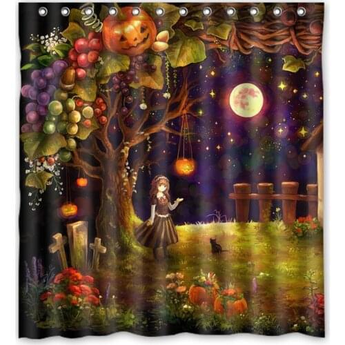 Custom Girl Pumpkin Dark Cat Moon Star Waterproof Polyester Shower Curtain