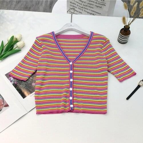 Striped Short Sleeve Tshirt Women Casual V Neck Single Breasted Knitted T-Shirt Female Sexy Slim Crop Top