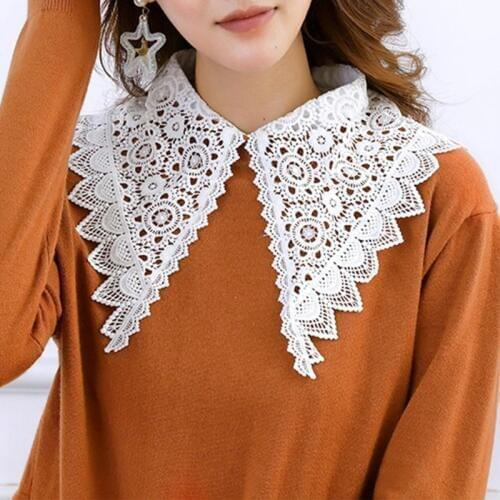 Korean Women Hollow Floral Lace Fake Collar Detachable Buttons Large Pointed Lapel Half Shirt Blouse Dress Decorative Accessory