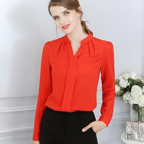 Korean Womens Chiffon Shirt Fashion Spring Summer Long Sleeve Pure Color Blouses Office Ladies Leisure Work Tops Clothes H9114