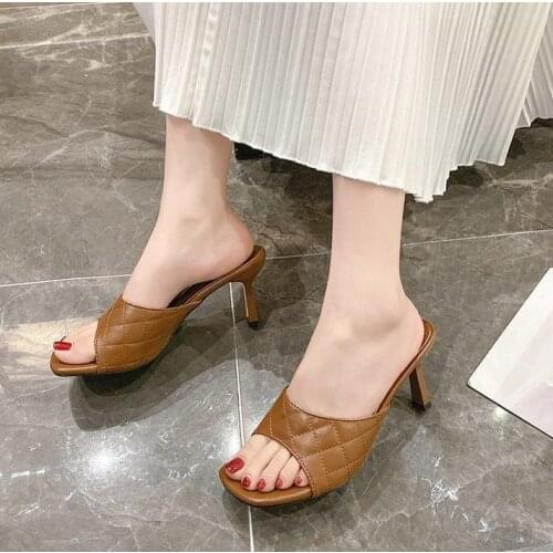 2020 Marian Sqaure Toe Red Quilted Mule Heels Shoe Black PU High Heel Shoes Women Sandals Sliper Woman Shoes zapatos mujer White