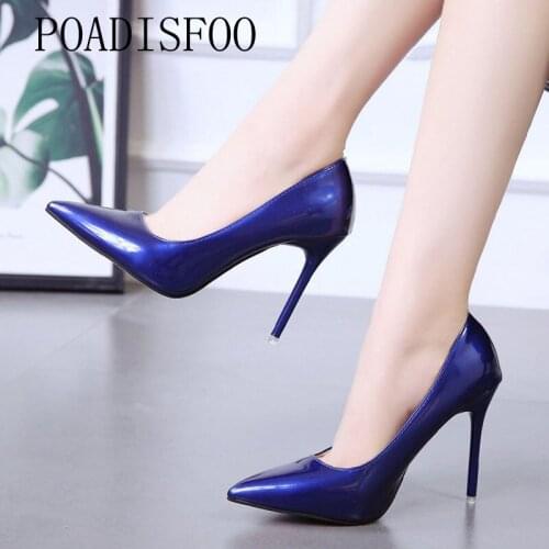 POADISFOO Shoes Female 2019 Autumn High Large Temperament Classic Personality Treasure Blue British Women OL Pumps XXXY-559