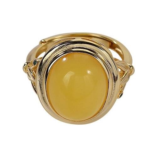 S925 sterling silver gold-plated natural amber ring retro simple elegant bamboo leaf Womens Open ring