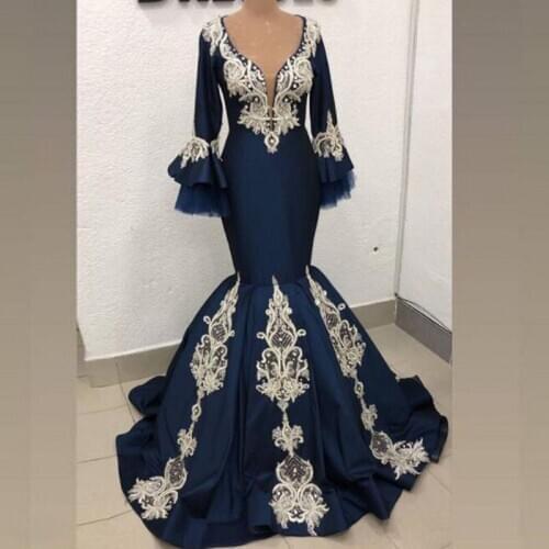 Dark Navy Mermaid Evening Gowns Saudi Arabia Lace Appliques Long Sleeves Sweep Train Robe De Soiree Prom Party Dress