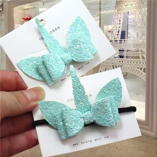 2PCS/LOT Green Unicorn Ties Bows Elastic Bands For Baby Girls Hairpin Creativity Pink Clips Scrunchy Kids Hair Accessories 2021