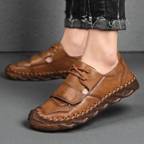 2020 Men Casual Shoes Sandals Handmade PU Leather Platform Shoes Mens Loafers Lace Up British Style Male Outdoor Zapatillas