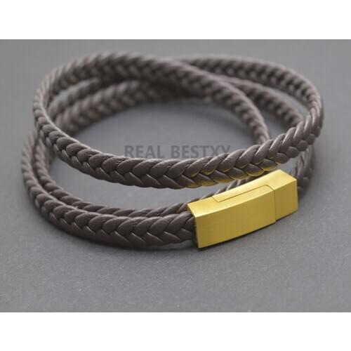 5pcs/lot engrave logo Fashion Punk Men Jewelry Braided Leather Bracelet Men Handmade Bracelet Trendy Stainless Steel Clasp Male