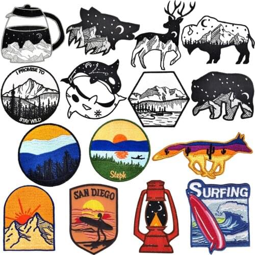 Black and White Mountain Patches Adventure Embroidery Patches for Clothes Iron On Patches For Clothing DIY Stripes Camp Stickers