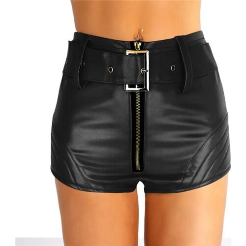 ChicTry Wet Look PU Leather Front Zipper High Waist Nightclub Party Rave Stage Performance Sexy Pole Dance Shorts with Belt Set