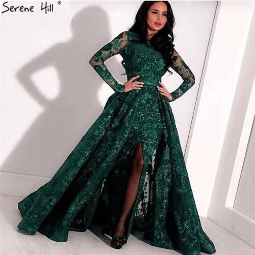 Dubai Design Green Long Sleeve Prom Dresses 2020 Luxury Sparkle Handmade Flowers Crystal Prom Gowns Serene Hill BLA60755