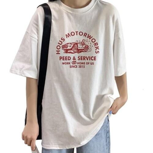 ZuoLunOuBa Summer New Casual Women Clothing T Shirt Print Letters American Car Tees O-neck Short Sleeve Loose White Tops Female