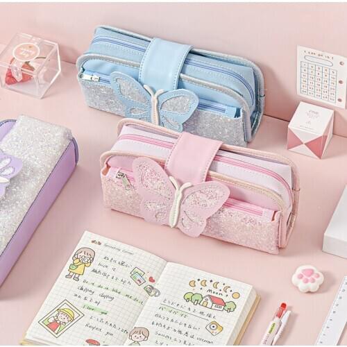 Large Capacity Pencil Case Cute Butterfly Sequin Canvas Pencil Case Velcro Zipper Pen Bag School Stationery Supplies