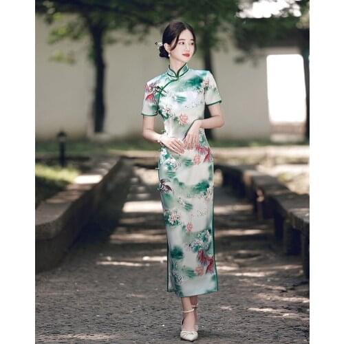Plus Size 4XL Classic print Flowers Long Cheongsam Dresses Female Qipao Vintage Chinese Evening Banquet Party Dress