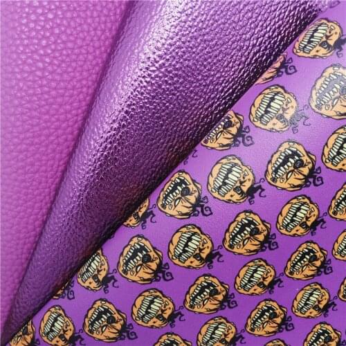 Halloween Pumpkins Printed Synthetic Leather Fabric Sheets Purple Litchi Metallic Faux Leather For BOWS DIY 21X29CM G347