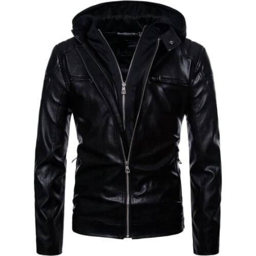 Hooded motorcycle leather jacket men Double layer many zipper Clothing door mens pu leather jackets loose coats biker black