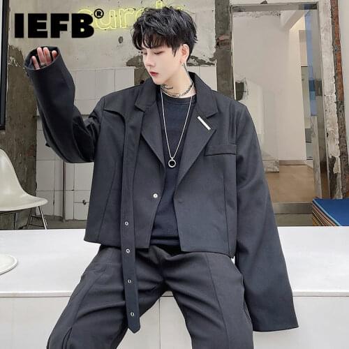 IEFB Mens Streetwear Fashion Short Suit Coat Chic Niche Blazk Jacket Ribbon Design Long Sleeve Single Button Clothes 9Y9236