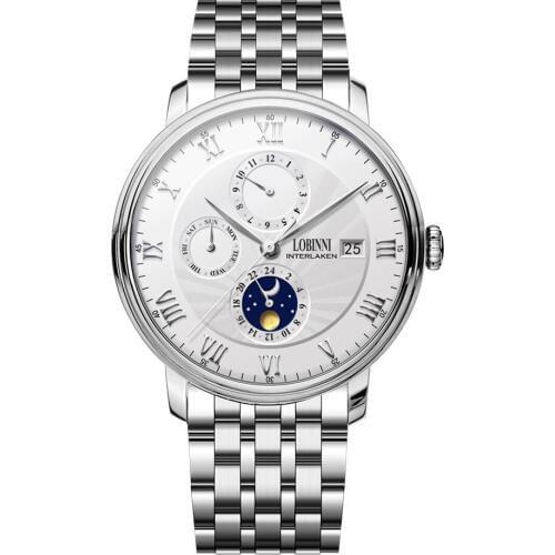 LOBINNI Men Business 50M Waterproof Dress Multifuction Automatic Mechanical Wrist Watch With Month,Date,Night Day,Week - Silver