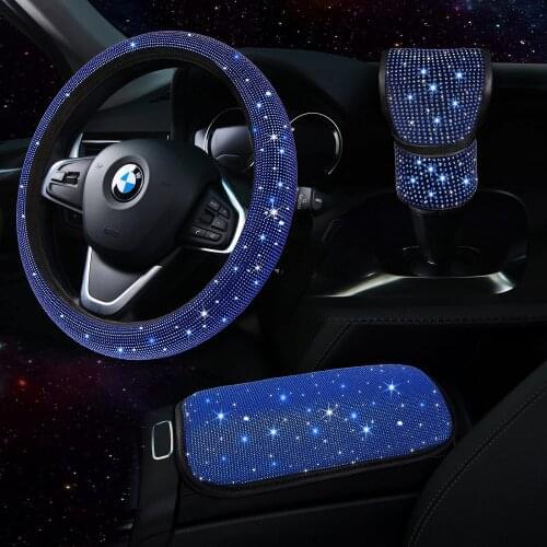 Blue Bling Car Accessories Set for Women Gear Shift Cover Steering Wheel Rhinestone Center Console Decor Set 3pcs Universal Use