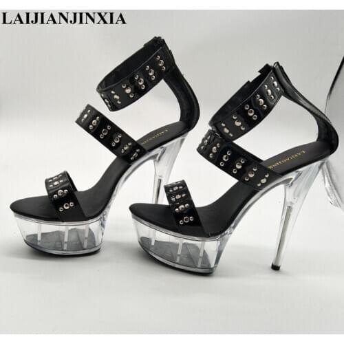 New style, beautiful transparent platform rivet decorates high heel, 15CM sexy model sandal, pole dancing shoe