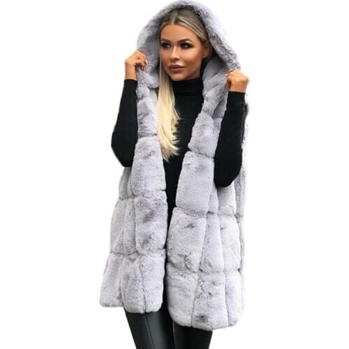 Autumn Winter Long Style Faux Fur Hooded Vests For Women Velvet Fur Sleeveless Coat Fashion Casual Thick Warm Vests Female Tops