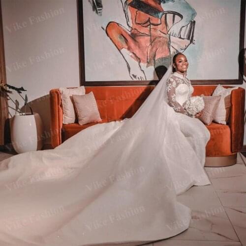 Detachable Train Lace Mermaid Wedding Dresses 2021 African High Neck Long Sleeve Muslim Wedding Gown Chapel Bridal Gown