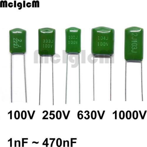 McIgIcM 1000pcs Polyester film capacitor 100V 250V 630V 1000V 1nF 1.5nF 2.2nF 3.9nF 100nF 2A102J 2A152J 2J222J 2A392J 2A104J