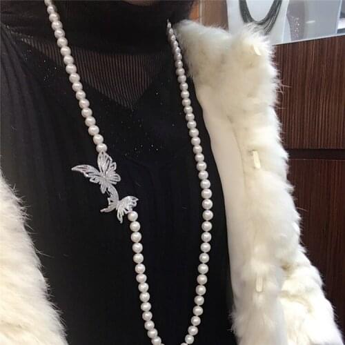 Hand knotted 8-9mm white natural freshwater pearl butterfly micro inlay zircon long sweater chain necklace long 85-90cm fashion