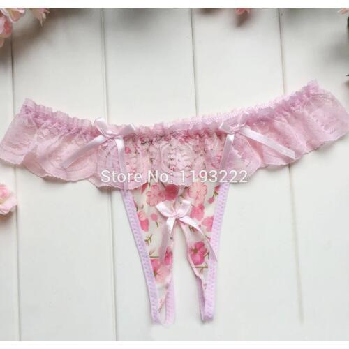 Sexy Women Girl Lingerie Crotchless Lace Floral Leopard Printed Ribbon Bow Underwear G String Thongs T Back