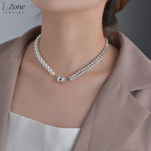 Stainless Steel Silver Necklaces Square Diamond Pendant Claw drill Pearl Chain Necklace for Women Girls Anniversary Gift Jewelry