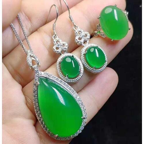 S925 silver inlay high quality jade pendant earrings water moistening ice penetrating suit