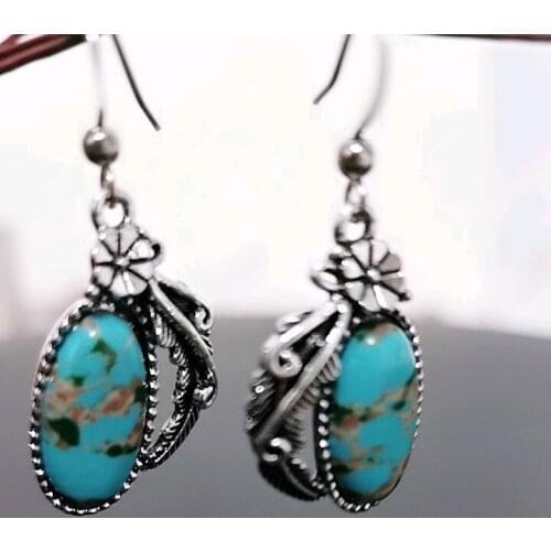 New Arrival Natural Stone Retro Feather Leaf Earrings European Fashion Women Oval Colorful Turquoise Earrings