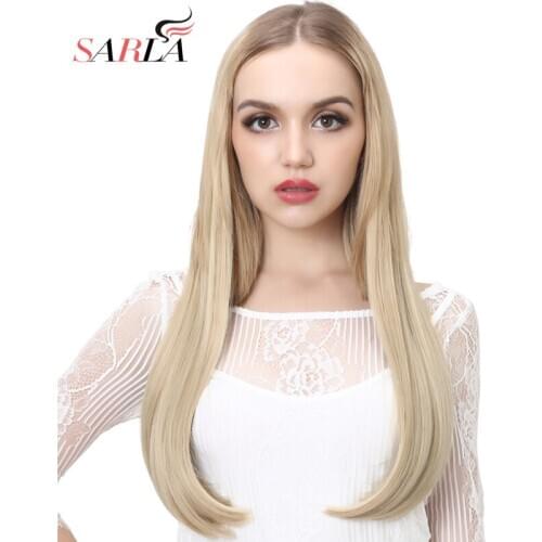 U Part Half Wig Synthetic Clip in 3/4 Long Straight 24" Thick Hair Extensions Natural Hairpiece For Women Black Brown 03