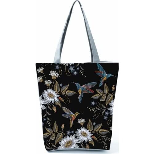 Bird Floral Printed Handbag Pretty Black Shoulder Bag Portable Shopping Bag Eco Reusable Shopping Bag Classic Pattern Travel Bag