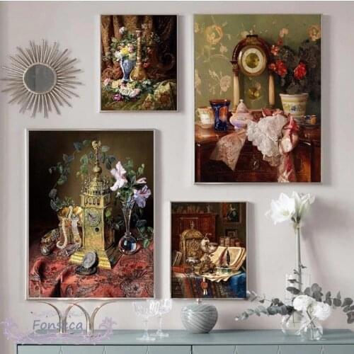 Vintage Flower Birds Clock Canvas Paintings Europe Style Still Life Posters and Prints Wall Art Pictures for Living Room Decor