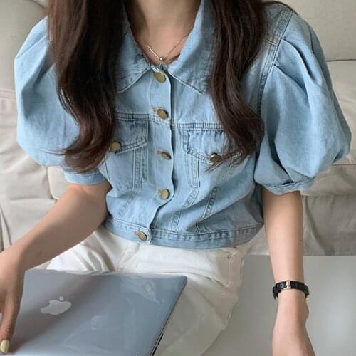 2021 Summer Women Vintage Square Neck Denim Blouse Korean Style Puff Sleeve Tops Elegant Retro Blue Jean Slim Crop Shirts Women