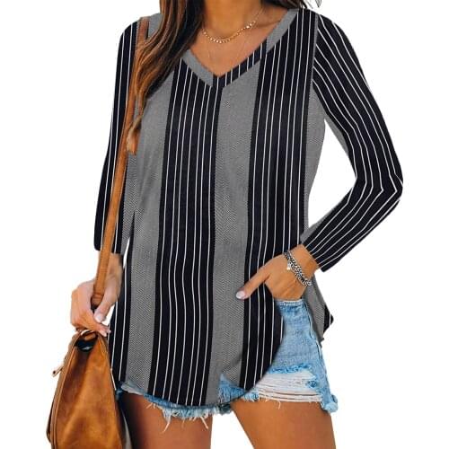40# Vintage Long Sleeve V Neck Blouses Womens Striped Printed Tops Loose Casual T-shirt Blouses Blouse Блузка Женская 2021