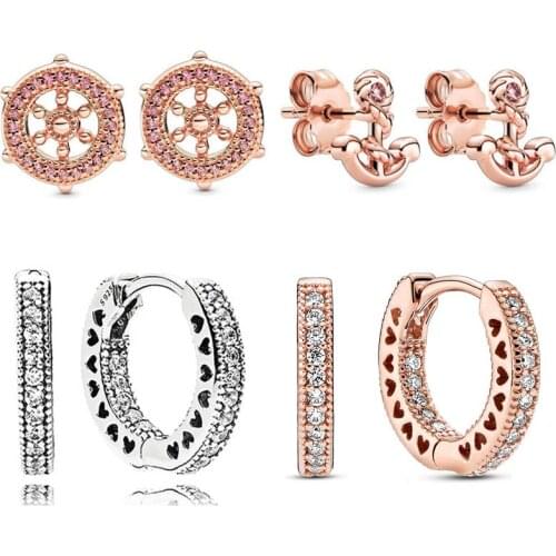 Original Rose Anchor And Wheel Pave Heart Hoop Earring With Crystal 925 Sterling Silver Earrings For Women Gift Europe Jewelry