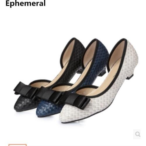 Ladies Low Heel Shoes Weaving With Bow Pointed Toe Sweet Slip-ons Plus Size 41 34 Soft Bottom Comfortable Black Beige American