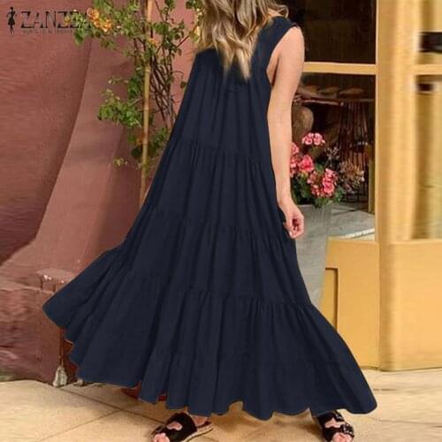 Women Solid Long Maxi Ruffle Sundress ZANZEA Elegant Sleeveless Vocation Dress 2021 Beach Party Vestidos Female Tunic