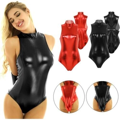 Women Shiny Metallic Leotard Bodysuit Mock Neck Arm Restraint Glove Nightwear Thong Catsuit Sexy Costume