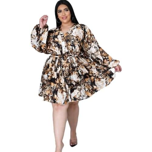 Plus Size Dresses for Women Fall Clothing Print Loose Sexy Party Midi Dresses Belt Long Sleeve Outfits Wholesale DropShipping