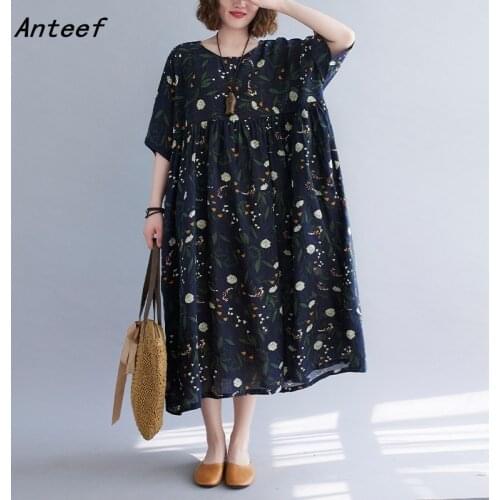 Short sleeve cotton vintage floral dresses for women casual loose long woman summer dress elegant clothes 2021