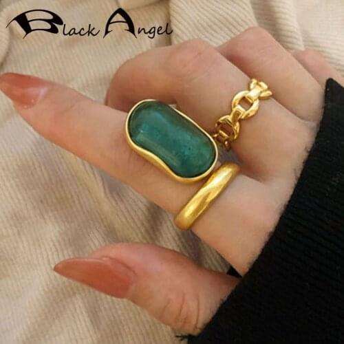 BLACK ANGEL French Luxury Green Stone 925 Sterling Silver Ring for Women Golden Vintage Do Old Index Finger Ring Wedding Jewelry