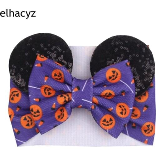 1PC Halloween Festival 5'' Glitter Hair Bows Mouse Ears Headband Kids Girls Sequin Headwear Elastic Baby Hair Accessories