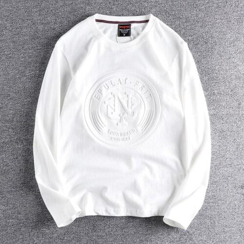 2021 Concave convex printing pattern round neck long sleeve t-shirt mens autumn versatile new youth white base top shirt 319