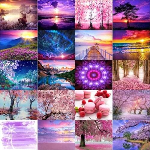 GATYZTORY 5D Diamond Painting Full Drill Square Round Pink Landscape Diamond Embroidery Sale Flower Tree Mosaic Home Decor